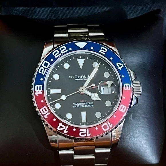 Stuhrling Aquadiver Date GMT “Pepsi” Dive Sport Luxury Watch - Picture 1 of 6